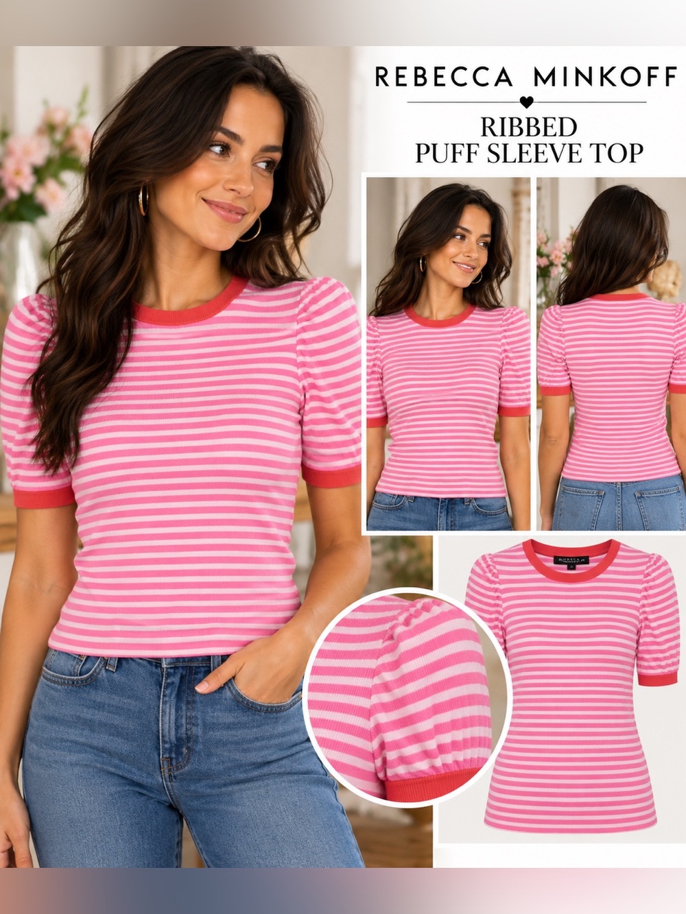 Rebecca Minkoff Pink & Coral Striped Ribbed Puff Sleeve Top